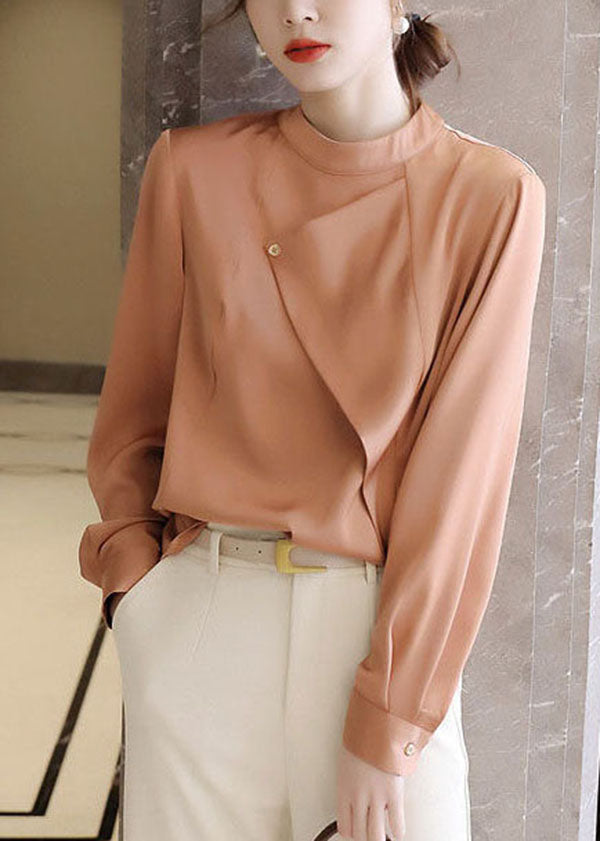 Modern Orange Stand Collar Asymmetrical Chiffon Tops Spring