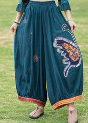 Modern Peacock Blue Patchwork Linen Wide Leg Pants