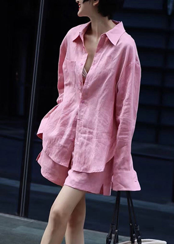 Modern Pink Button Shirts And shorts Two Pieces Set Fall