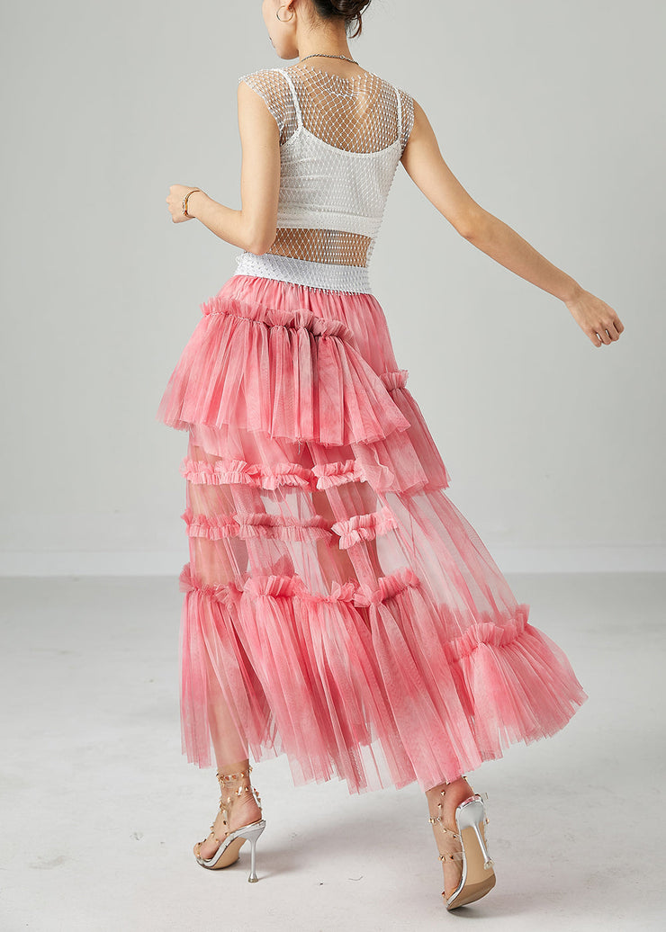 Modern Pink Elastic Waist Patchwork Hollow Out Tulle Skirt Summer