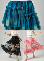 Modern Pink Elastic Waist Patchwork Hollow Out Tulle Skirt Summer