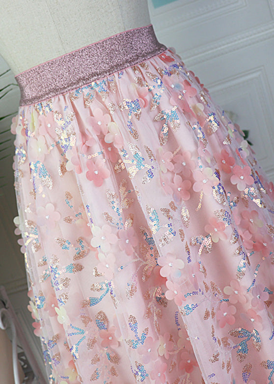 Modern Pink Embroideried Floral High Waist Sequins Tulle Maxi Skirt Spring