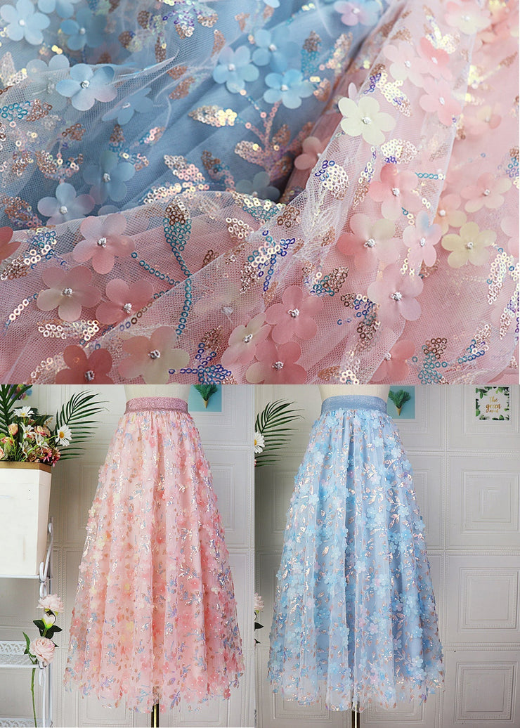 Modern Pink Embroideried Floral High Waist Sequins Tulle Maxi Skirt Spring