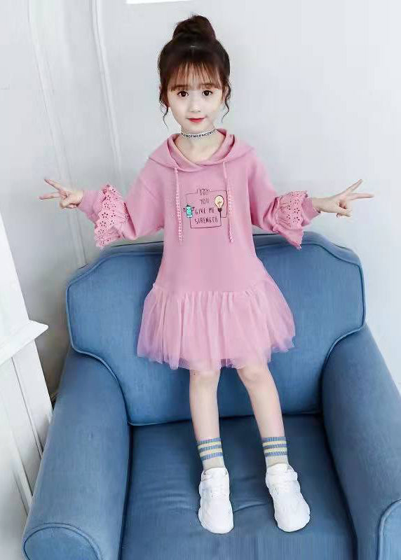 Modern Pink Hooded Print Patchwork Cotton Girls Mid Dress Fall