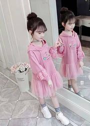 Modern Pink Hooded Print Patchwork Cotton Girls Mid Dress Fall