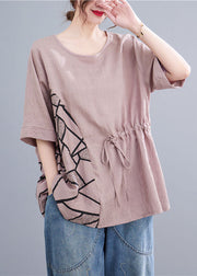 Modern Pink O Neck Drawstring Patchwork Cotton T Shirts Summer