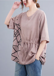 Modern Pink O Neck Drawstring Patchwork Cotton T Shirts Summer