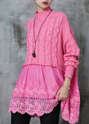 Modern Pink Oversized Patchwork Knit Long Sweater Spring