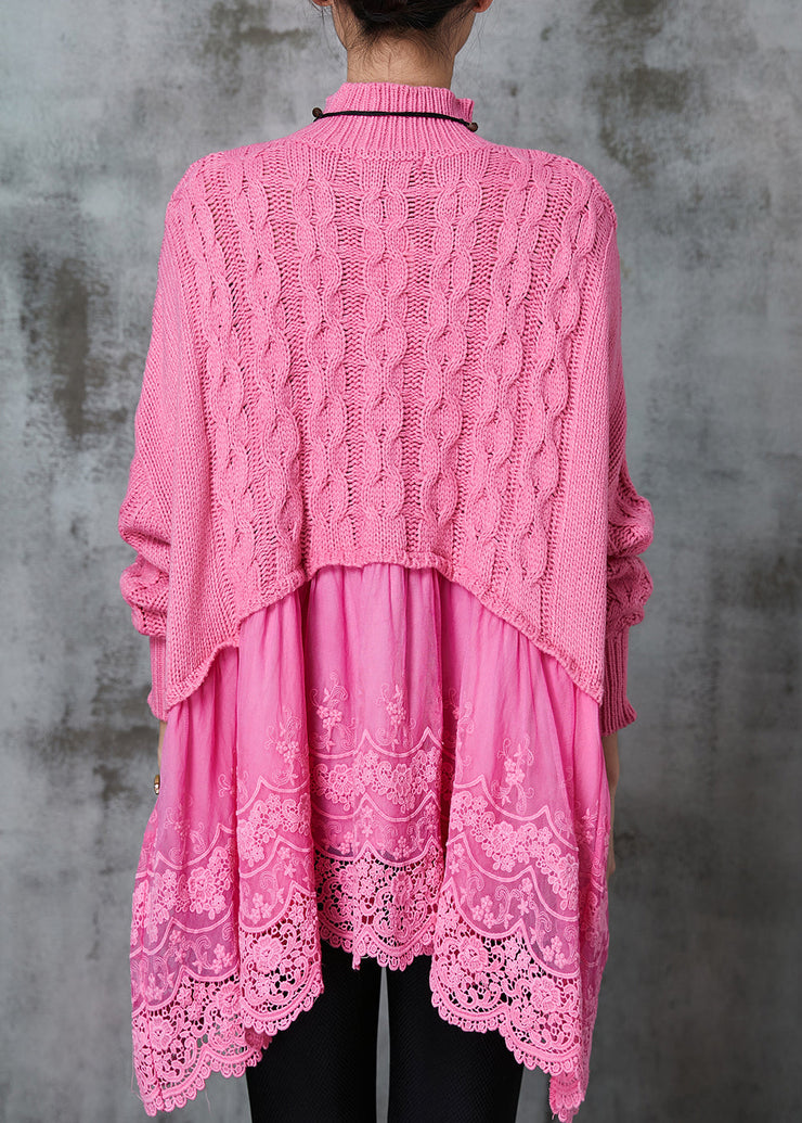 Modern Pink Oversized Patchwork Knit Long Sweater Spring