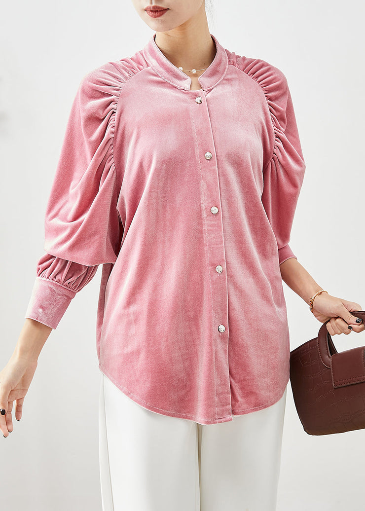 Modern Pink Oversized Wrinkled Silk Velour Shirt Fall