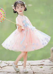 Modern Pink Patchwork Tie Waist Floral Tulle Girls Mid Dresses Short Sleeve