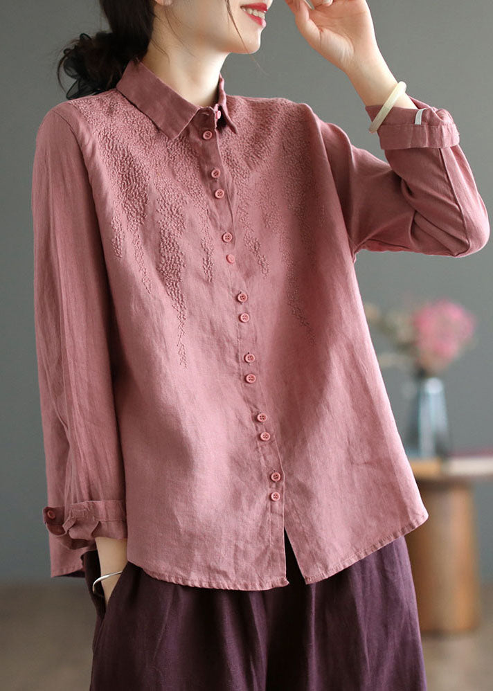 Modern Pink Peter Pan Collar Embroideried Linen Shirts Spring