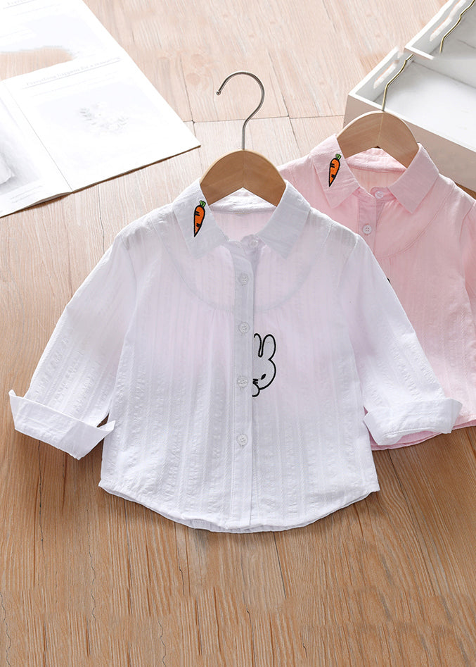 Modern Pink Peter Pan Collar Print Cotton Girls Blouse Long Sleeve