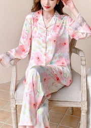 Modern Pink Print Peter Pan Collar Patchwork Ice Silk Pajamas Two Pieces Set Spring