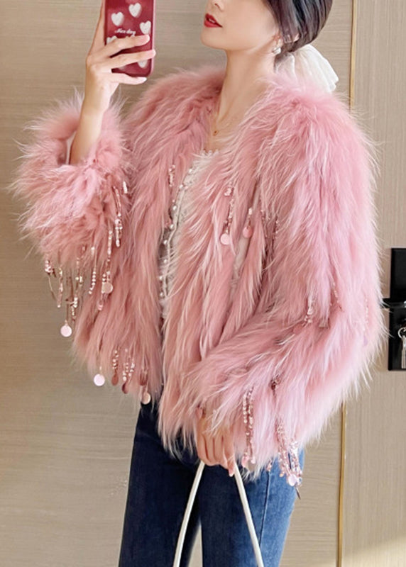 Modern Pink Sequins Tassel Leather And Fur Coats Winter