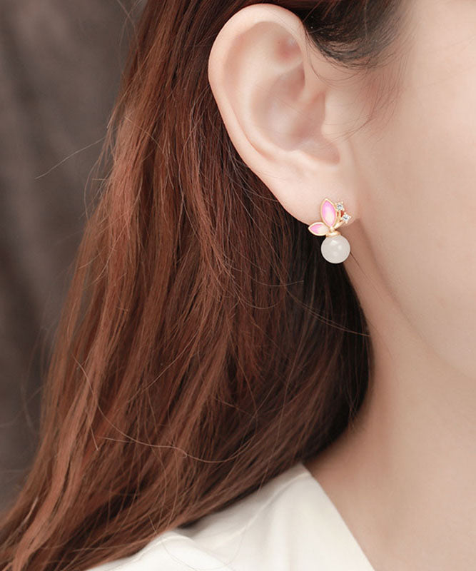 Modern Pink Sterling Silver Overgild Jade Zircon Cloisonne Stud Earrings