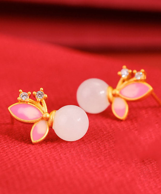 Modern Pink Sterling Silver Overgild Jade Zircon Cloisonne Stud Earrings