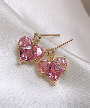 Modern Pink Sterling Silver Zircon Crystal Peach Heart Stud Earrings