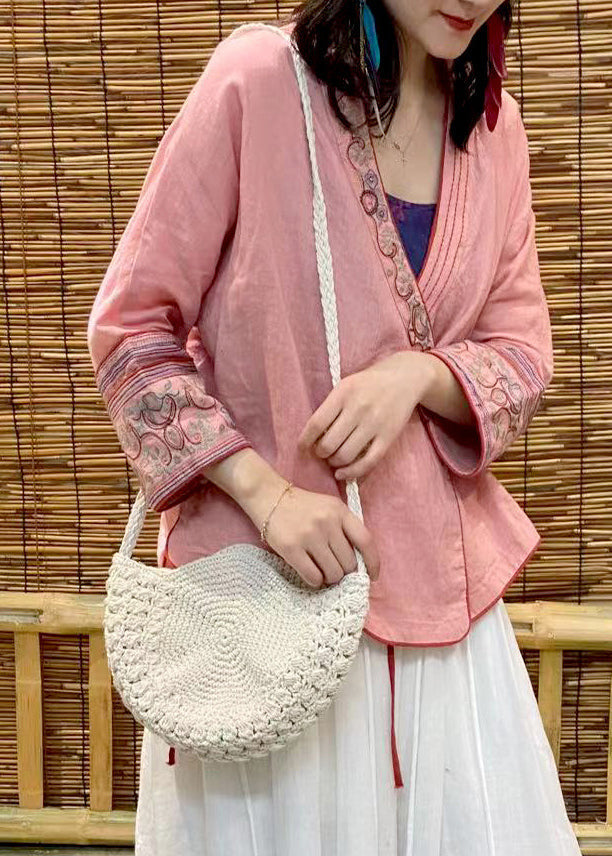 Modern Pink V Neck Embroideried Floral Linen Tops Long Sleeve