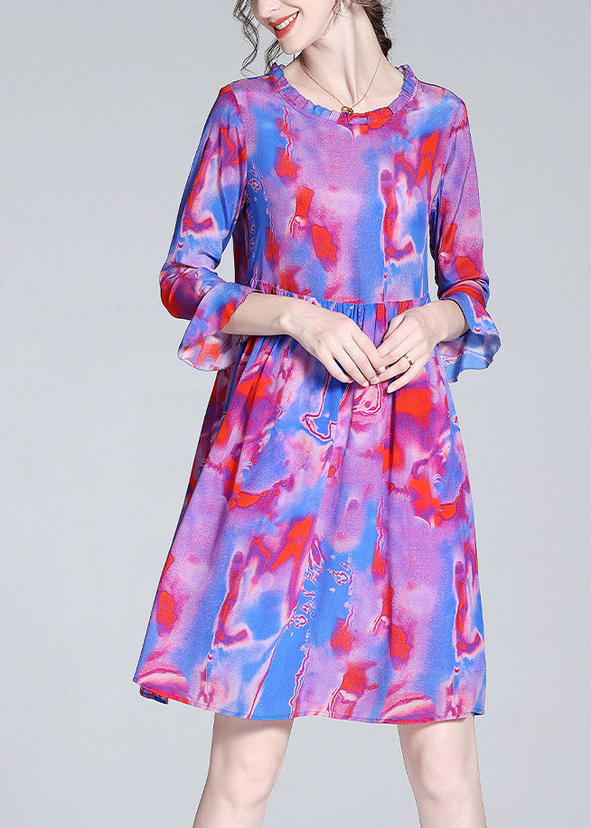 Modern Purple O-Neck Ruffled Print Cinched Silk Mid Dress Flare Sleeve