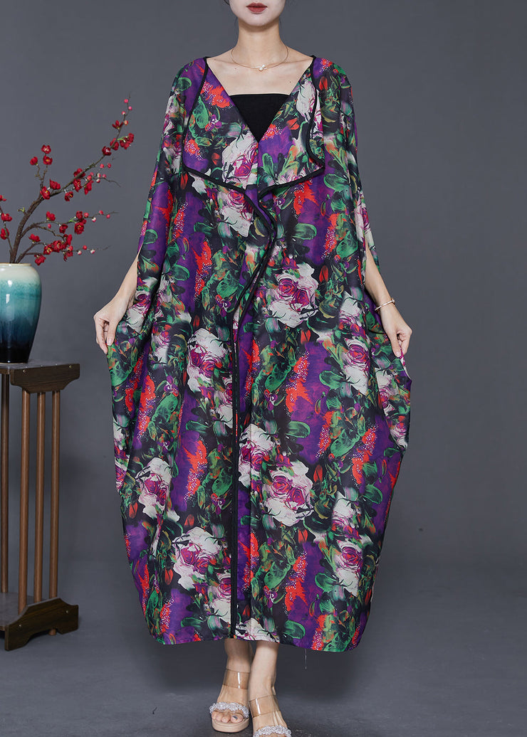 Modern Purple Oversized Print Chiffon Long Dresses Batwing Sleeve