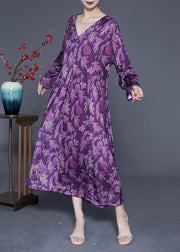 Modern Purple Oversized Print Silk Ankle Dress Spring