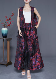 Modern Purple Red Asymmetrical Design Jacquard Silk Two Pieces Set Summer