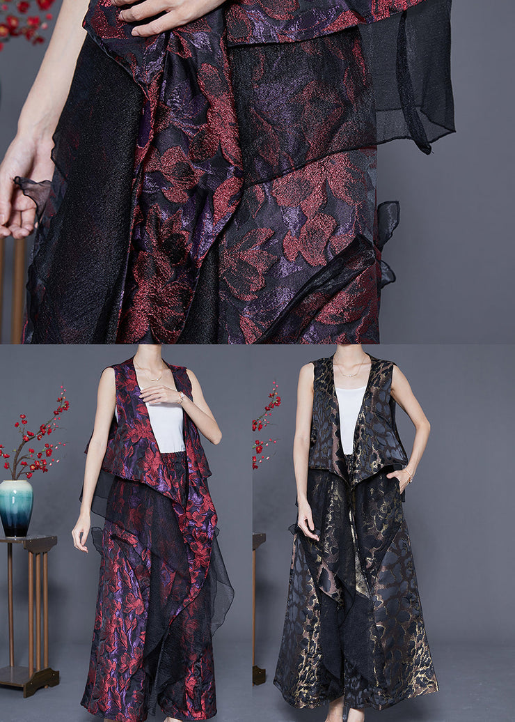 Modern Purple Red Asymmetrical Design Jacquard Silk Two Pieces Set Summer