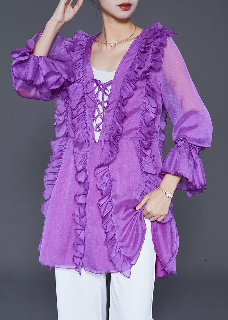 Modern Purple Ruffled Lace Up Chiffon Shirt Fall