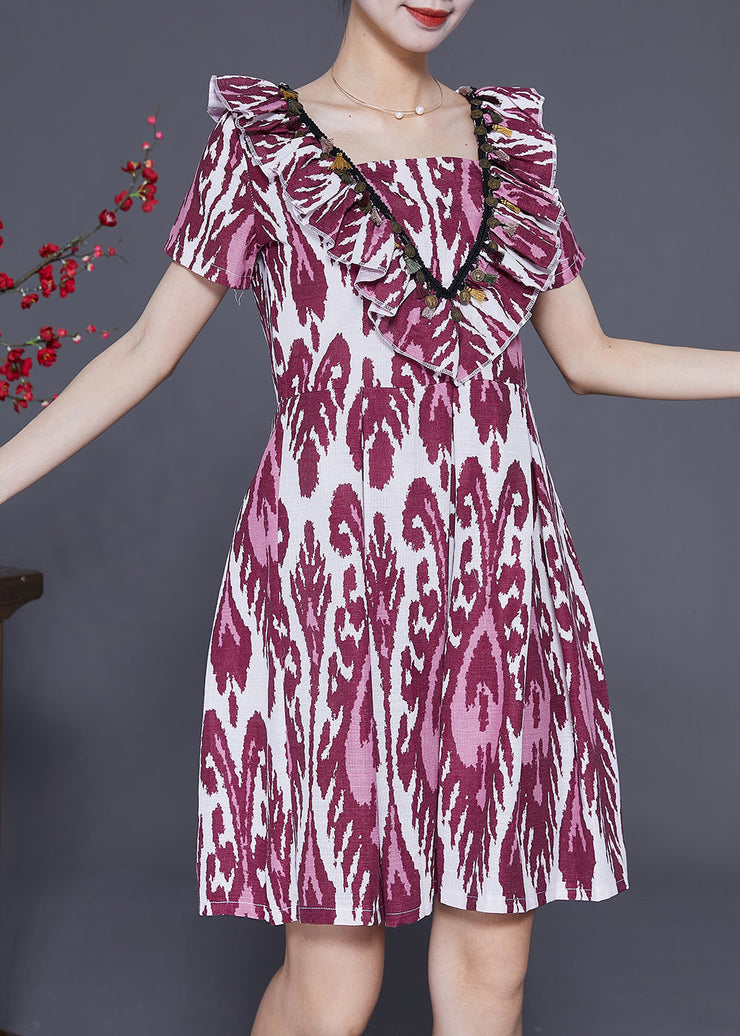 Modern Purple Ruffled Print Linen Mid Dress Summer