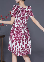 Modern Purple Ruffled Print Linen Mid Dress Summer