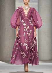 Modern Purple V Neck Print Chiffon Long Dress Puff Sleeve