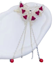 Modern Red Alloy Pearl Zircon Butterfly Tassel Hairpin