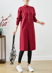 Modern Red Asymmetrical Side Open Knit Maxi Dress Fall