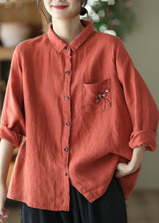 Modern Red Embroideried Button Patchwork Linen Shirt Top Spring