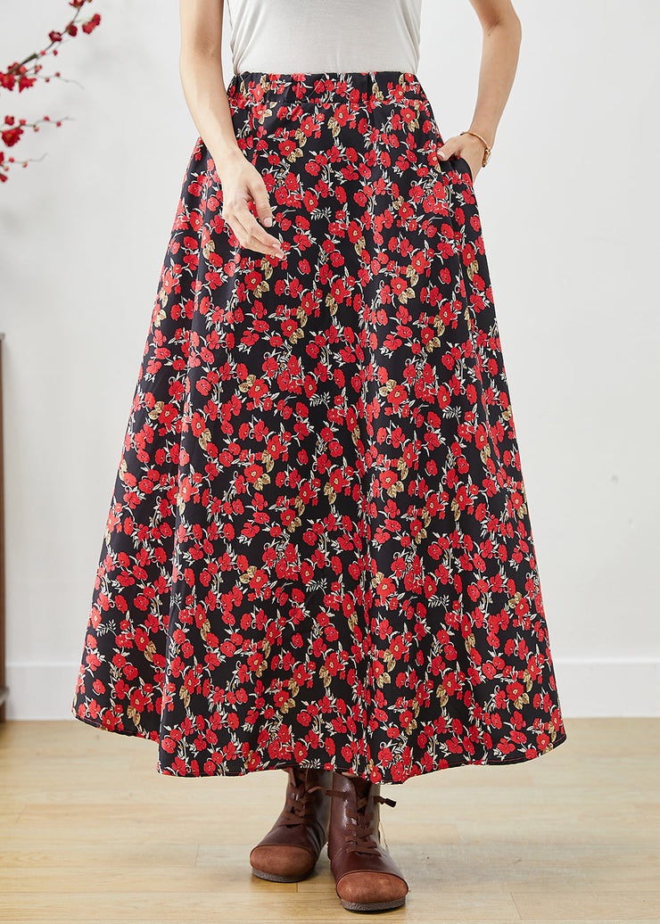 Modern Red Floral Print Exra Large Hem Cotton Skirts Fall