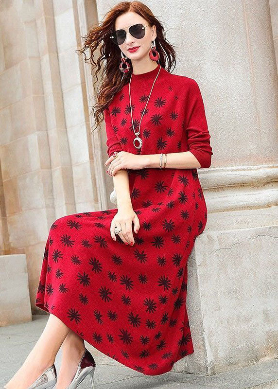 Modern Red High Neck Print Exra Large Hem Fine Knitted Long Dress Long Sleeve