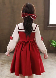 Modern Red O-Neck Patchwork Kids Long Dresses Long Sleeve