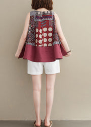 Modern Red O-Neck Patchwork Print Cotton A Line Tops Sleeveless