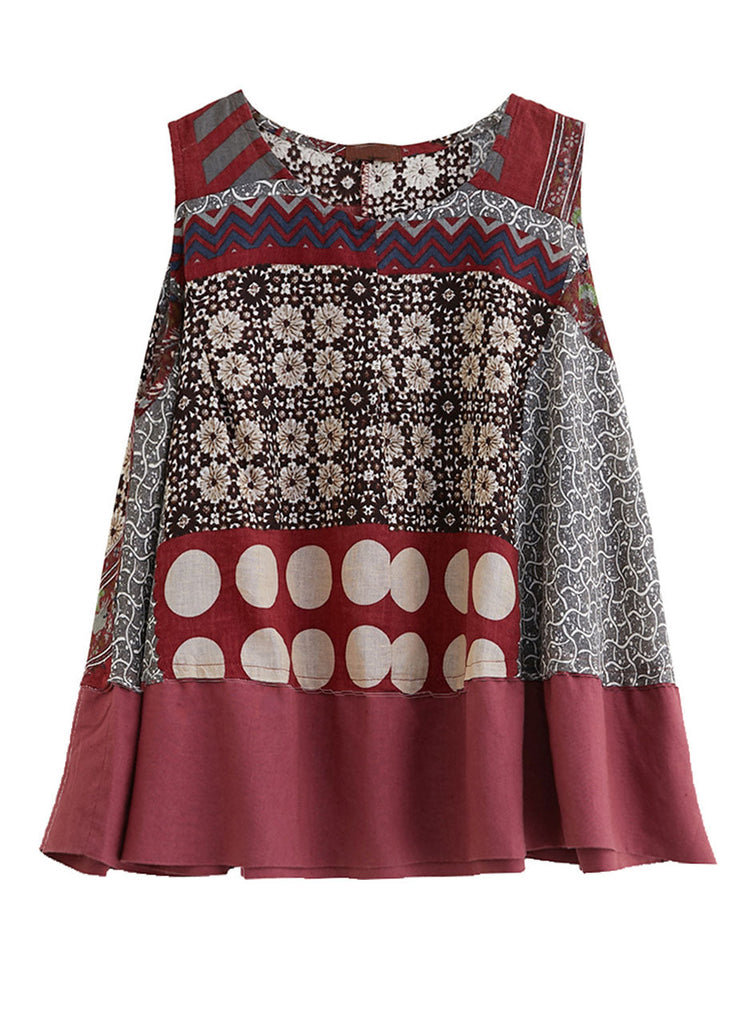 Modern Red O-Neck Patchwork Print Cotton A Line Tops Sleeveless