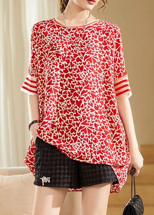 Modern Red O-Neck Print Low High Design Chiffon Tops Short Sleeve