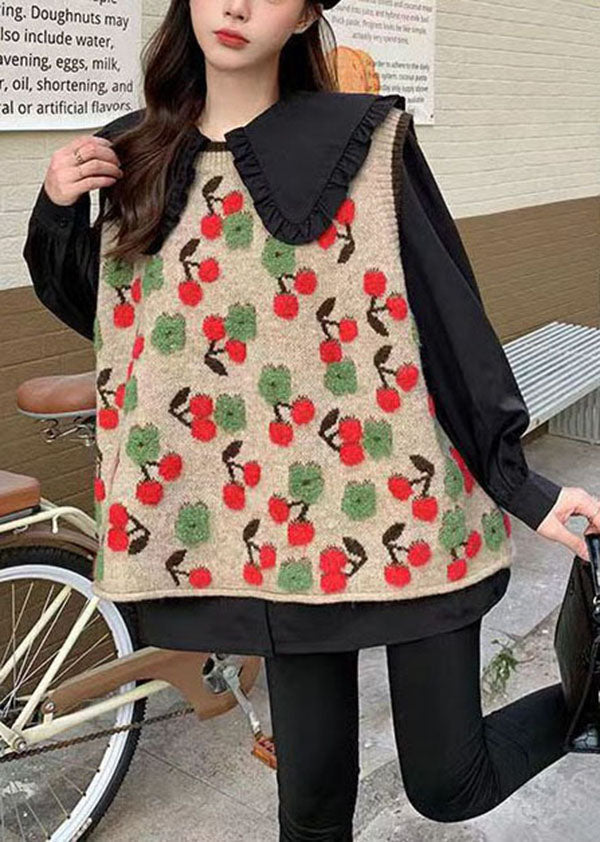 Modern Red Oversized Cherry Jacquard Knit Vest Top Winter