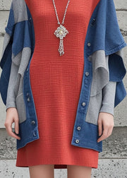 Modern Red Oversized Patchwork Knit Fake Two Piece Dress Fall