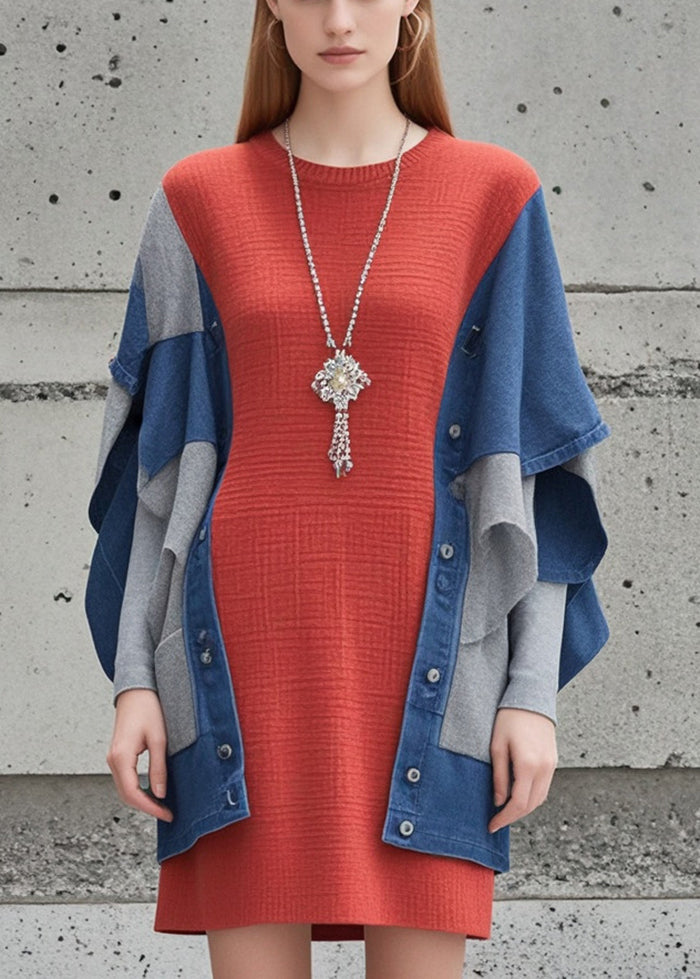 Modern Red Oversized Patchwork Knit Fake Two Piece Dress Fall