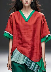 Modern Red Patchwork Fake Two Pieces T Shirt Short Sleeve