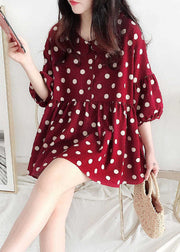 Modern Red Peter Pan Collar Dot Print Wrinkled Cotton Top Spring