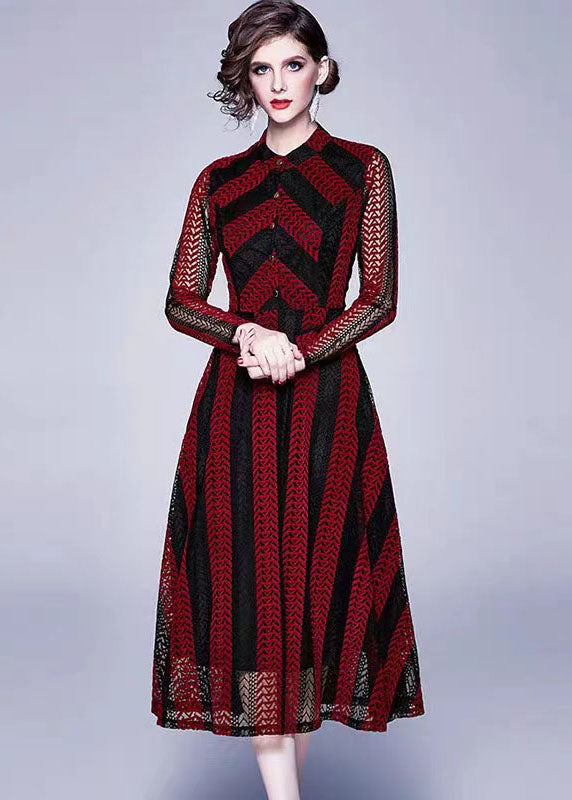 Modern Red Stand Collar Hollow Out Button Patchwork Lace Dress Summer