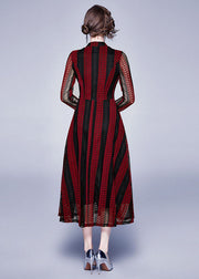 Modern Red Stand Collar Hollow Out Button Patchwork Lace Dress Summer