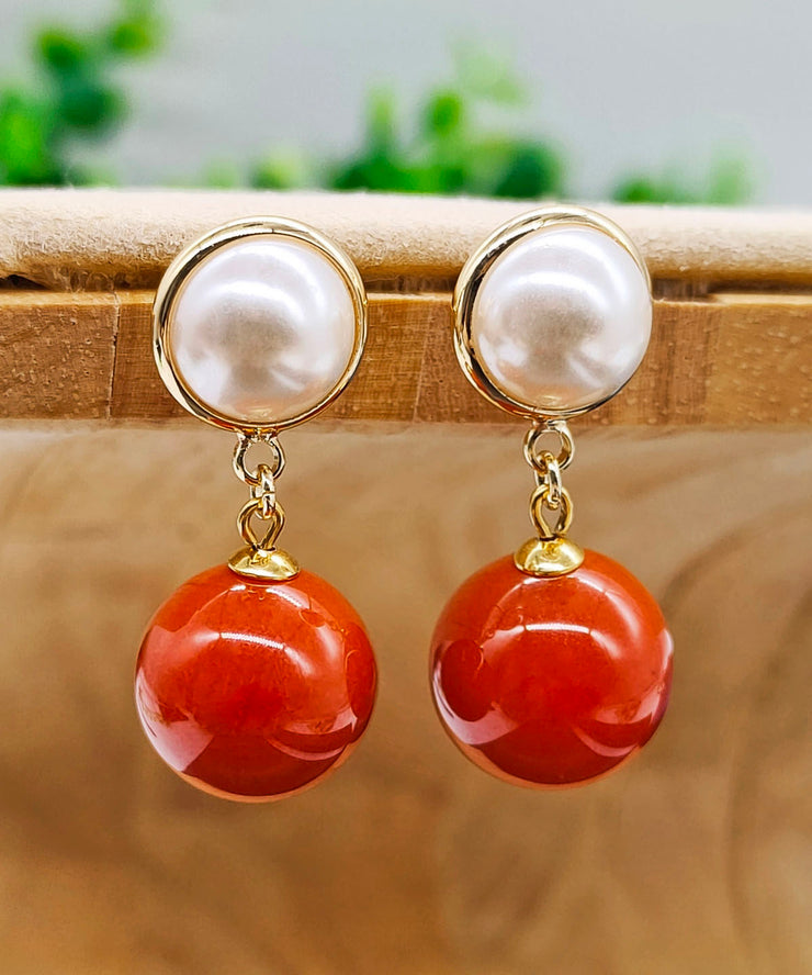 Modern Red Sterling Silver Overgild Inlaid Gem Stone Pearl Drop Earrings