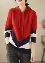 Modern Red Thick Patchwork Hooded Knit Pullover Fall